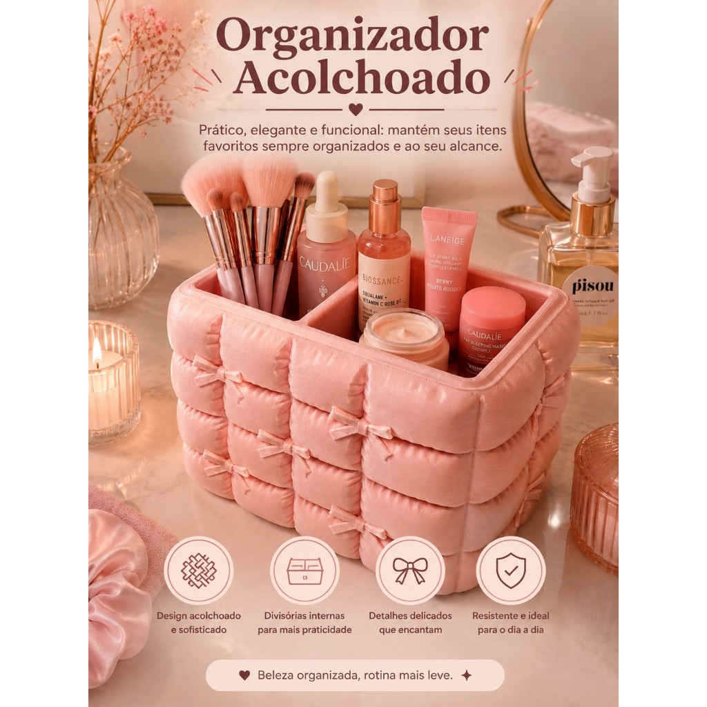 Organizador de Maquiagem Porta Pincéis Acolchoado Decorativo para Penteadeira