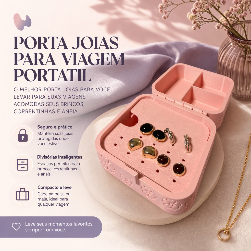 Porta Bijuterias Portátil com Trava Estojo de Viagem para Brincos Anéis Colares Pulseiras